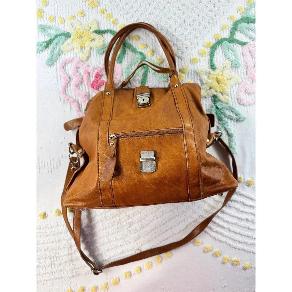 Borse in Pelle Italian Cognac Brown Leather Satchel Crossbody Bag